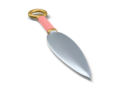 Stylized throwing knife lying flat with a leaf-shaped steel blade, red wrapped grip and a round brass ring pommel