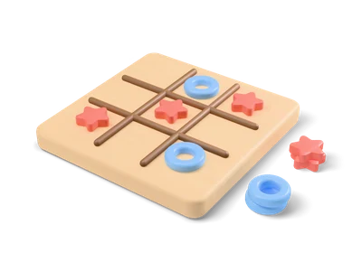 Light wooden board with a dark wooden grid, red star pieces in a diagonal row and blue ring pieces, spare pieces stacked beside it