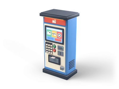 Blauer Fahrkartenautomat mit leuchtendem Piktogramm-Bildschirm, Tastenfeld, Tasten und Kartenausgabe