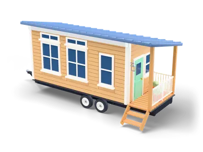 Tiny House auf schwarzem Tandemanhänger mit honigfarbener Holzverschalung, blauem Blechdach, Veranda und Treppe