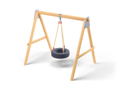 Schwarze Reifenschaukel an drei Seilen, die von einem Stahlwirbel an einem hellen Holz-A-Gestell hängt