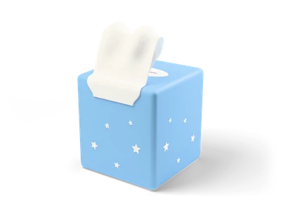 Pastel blue cube tissue box with white stars and a soft white tissue hanging over the front edge
