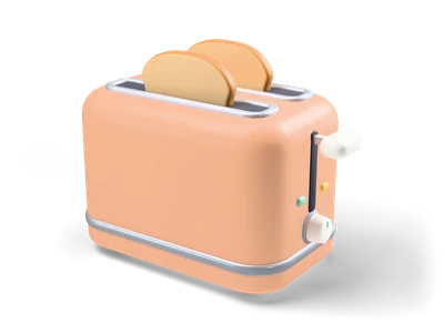 Peach two-slice toaster with steel trim, lever, dial and two slices of toast in the slots