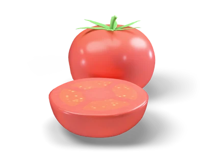 Stylized glossy red tomato with green calyx next to a halved tomato with seeds