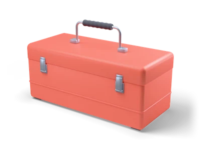 Coral red steel toolbox with two steel front latches and a carry handle with black rubber grip