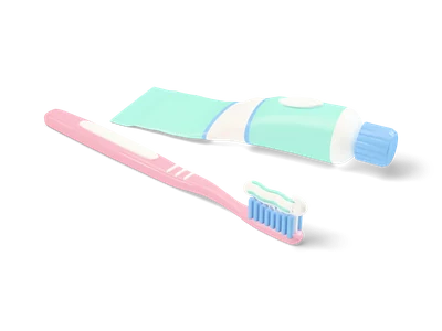 Mint toothpaste tube with blue cap next to a pink toothbrush topped with striped paste