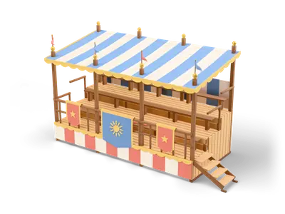 Wooden tournament grandstand with blue and cream striped canopy, pennants, red curtain and a blue sun banner