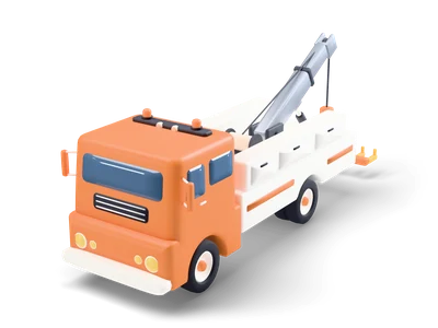 Orange tow truck with a white rear bed, a grey crane boom with hook and a lowered wheel lift at the back