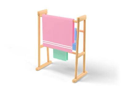 Wooden towel stand with three bars holding a pink striped towel, a blue towel and a small mint towel