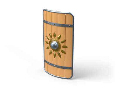 Tall curved tower shield standing upright with honey wood planks, steel rim and bands and a brass sun emblem around a steel boss