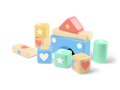 Loose stack of wooden toy blocks with a blue arch, red roof with star and cubes with heart, star and moon symbols