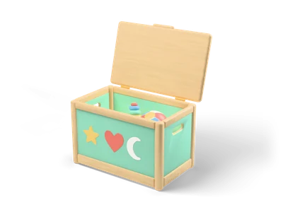 Open mint and beech toy box with a star, heart and moon on the front and a ball and toys inside