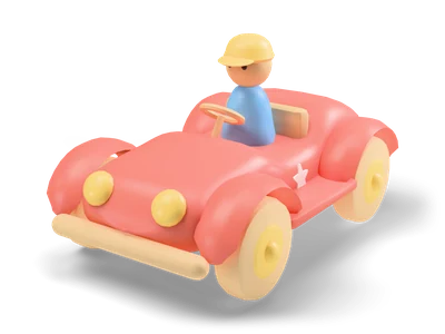 Red wooden toy roadster with round mudguards, beech wheels, yellow headlights and a peg driver in a yellow cap