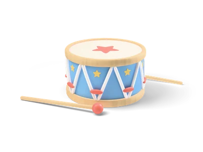 Sky-blue toy drum with beech hoops, white zigzag rope, yellow stars, a red star on the head and two mallets
