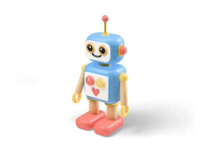 Pastel blue tin toy robot with white smiling face, red ball antenna, chest dials, wooden arms and red shoes