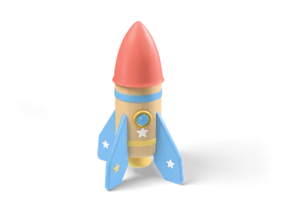 Wooden toy rocket with a red nose cone, blue and yellow stripes, a brass porthole and blue star fins