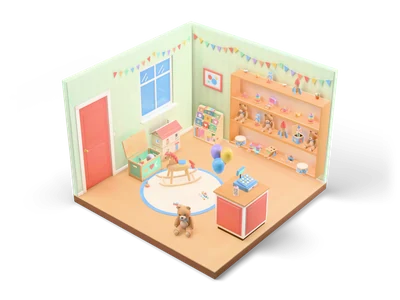 Isometric toy shop interior with shelf of wooden toys and teddy bears, doll house, rocking horse on play rug, counter with balloons