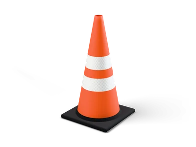 Cono de tráfico naranja con dos bandas blancas reflectantes sobre una base cuadrada negra