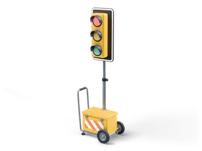 Portable construction traffic light with a yellow signal head on a mast above a yellow battery trolley