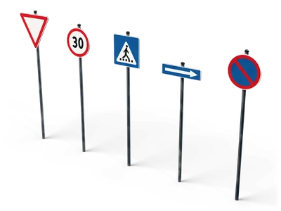 Row of five European traffic signs on posts including give way, speed limit, crosswalk, one-way and no parking