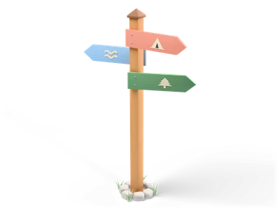 Wooden signpost with three colorful arrow boards showing tent, wave and fir tree symbols above a ring of grey stones