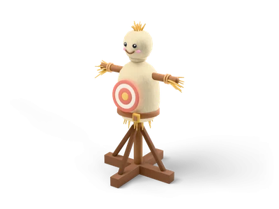 Straw-stuffed burlap training dummy with button eyes and a red and gold chest target on a wooden cross stand