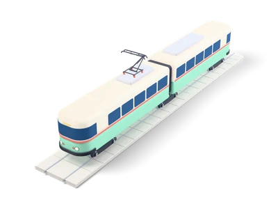 Zweiteilige Straßenbahn in Creme und Mint mit Korallentüren und Stromabnehmer auf kurzem Gleisstück