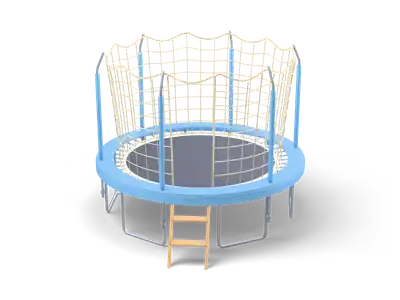 Rundes Gartentrampolin mit dunkler Matte, blauem Randpolster, cremefarbenem Netz an Stangen und kleiner Holzleiter