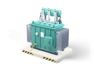 Teal power transformer with grey cooling fins on both sides, white ribbed insulators on top and a teal tank on brackets