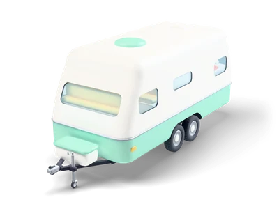 Rounded white and mint travel trailer with a big front window, a mint door with round window and two wheels