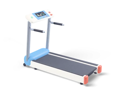 Treadmill with dark ribbed belt, white rails, sky-blue motor hood, steel handles and white console