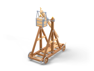 Wooden wheeled trebuchet with raised stone-filled counterweight box, long arm, sling and yellow pennant