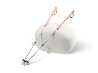 Two coral and silver trekking poles with cork handles leaning against a large grey boulder with grass tufts