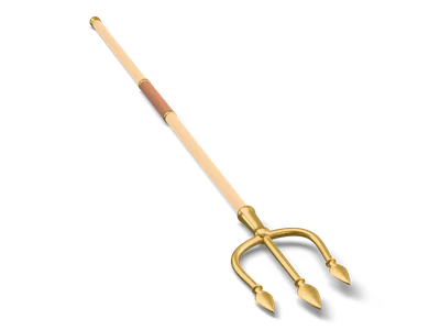 Stylized trident lying flat with a light ash shaft, leather grip and a brass head with three tines ending in rounded leaf tips