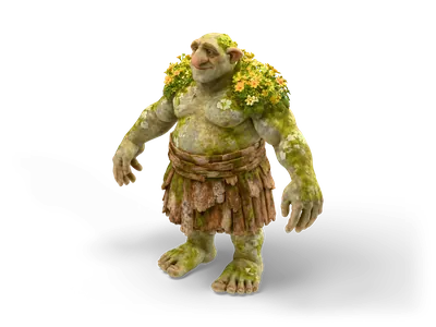 Brückentroll als 3D-Modell mit moosiger graugrüner Haut, gelben Wildblumen auf den Schultern, großen spitzen Ohren, rosiger Knollennase, Rindenrock und nackten Füßen