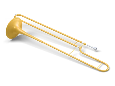 Golden tenor trombone lying on its side with a long silver slide and a wide flared bell