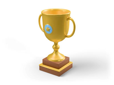 Gold trophy cup with two handles and a blue star medallion on a dark wooden base with a gold trim