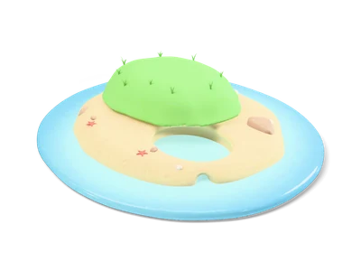 Small sandy island with a green hill, brown rocks and a lagoon in a round turquoise water ring