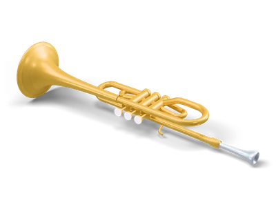 Golden trumpet lying on its side with three valve buttons, silver mouthpiece and flared bell