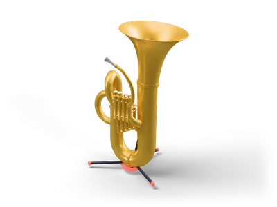 Large golden tuba standing upright in a low dark tripod stand with a wide upward bell