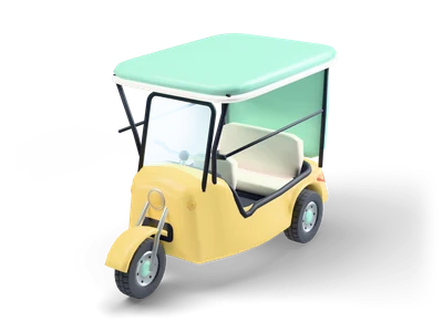 Yellow three-wheeled tuk-tuk with a mint fabric roof on black poles, a round headlight and a cream rear bench