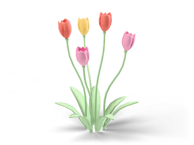 Fünf stilisierte Tulpen in Koralle, Rosa und Gelb an schlanken grünen Stielen mit langen Blättern am Fuß