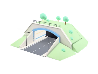 Portal de hormigón de túnel de carretera con arco azul cielo, dos carriles, luces interiores y taludes verdes con arbolitos