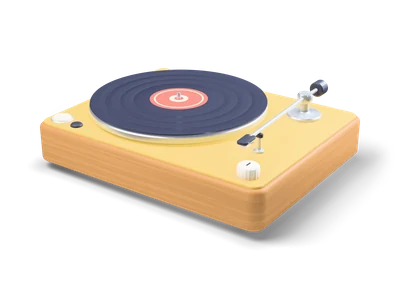 Turntable with honey wood base, yellow top plate, dark vinyl record with coral label and silver tone arm