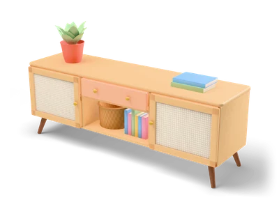 Low oak TV console with cane weave doors, a peach drawer, splayed dark legs and a potted plant on top