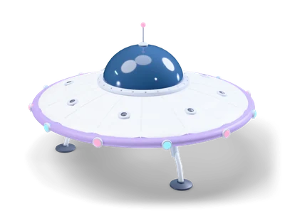 White flying saucer with dark blue dome, lavender rim with cyan and pink lights, standing on three legs