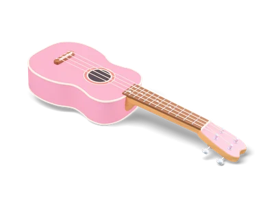 Pastel pink soprano ukulele lying on its back with cream binding, coral rosette and four strings