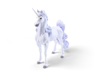 White unicorn with a long spiral horn and wavy lavender-shaded mane and tail, standing with head held high