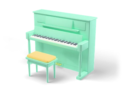 Mint green upright piano with open keyboard and a matching bench with a yellow cushion