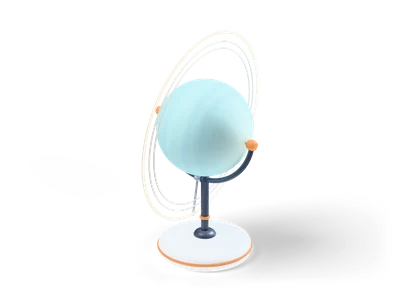 Blass türkisfarbener Uranus-Globus auf der Seite liegend mit drei dünnen aufrechten grauen Ringen auf Ständer mit weißem Sockel